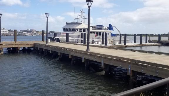 A 125-foot long dock reaches out to the R/V/ Shearwater from the Duke Marine Lab campus in Beaufort.
