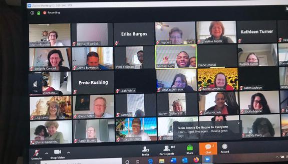 A crowded Zoom video conference.