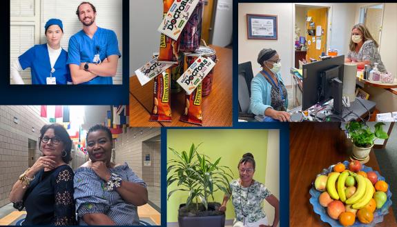 Photos of people, a gift back and a fruit bowl.