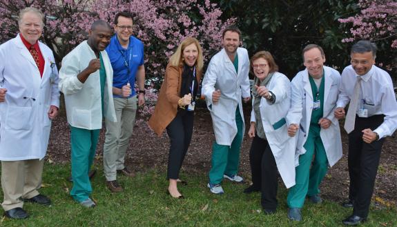(From left to right) Richard Moon, David Williams, John Whittle, Nancy Knudsen, Timothy Miller, Catherine Kuhn, Joe Chapman, and Joseph Mathew with Rapid Thigh Movements.