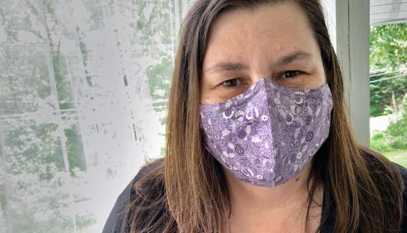 Rebecca Doll, clinical services coordinator for Duke Audiology, wears a mask she sewed. Photo courtesy of Rebecca Doll.