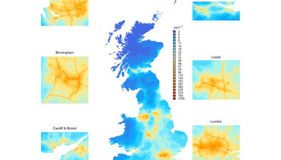 A map of England, Scotland and Wales, showing Nitrogen Oxide (NOx) concentrations. (Aaron Reuben, Duke)