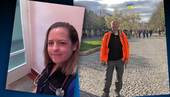 Melissa Babb, left, and Mitch Babb, a married couple and Duke Health staff members, went on trips to help in Ukraine. Photos courtesy of Mitch and Melissa Babb.