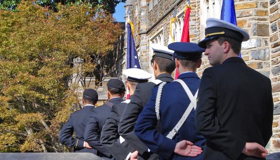 Members of Duke's ROTC units prepare to present the colors at Friday morning's Veterans' Day Ceremony.