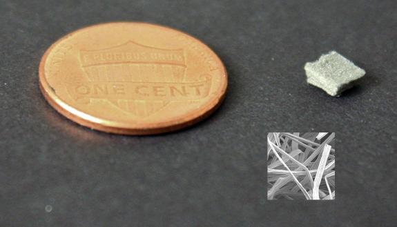 An example of the small, flow-through electrode that Duke researchers used to produce more hydrogen from electrolysis with a penny for scale.  Inset: Electron microscope view of the felt. (Wiley Lab, Duke University)