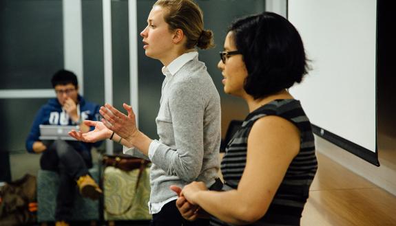 Rosie McKinley and Katie Hasnain of Duke Law’s Start-Up Ventures Clinic give advice at the Duke I&E Academy. Photo by Pilar Timpane 