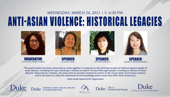 Graphic showing speakers for panel on violence against Asian-Americans