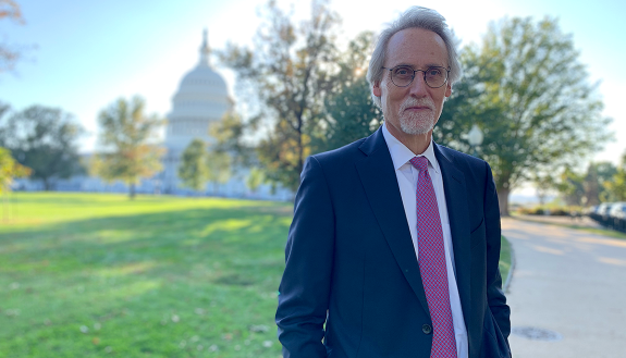 Dean Bill Boulding outside the US Capitol, where he presented a report on immigration and the US economy on Tuesday.