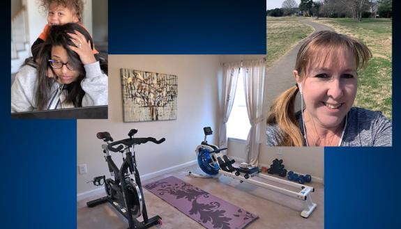 A parent, a home gym and a person walking.
