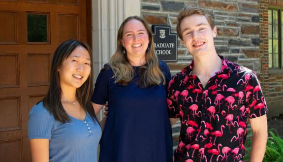 Ph.D. student Sarah Nolan (center) and undergraduates Katie Tan and Evan Dragich took a data deep dive into the Duke Ph.D. experience.