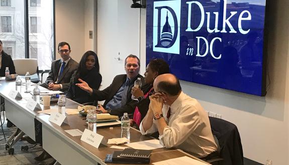 Panelist assesses upcoming changes to federal higher education policy: From left, Deondra Rose, James Bergeron, Denise Forte and Doug Lederman. Photo by Colin Colter.