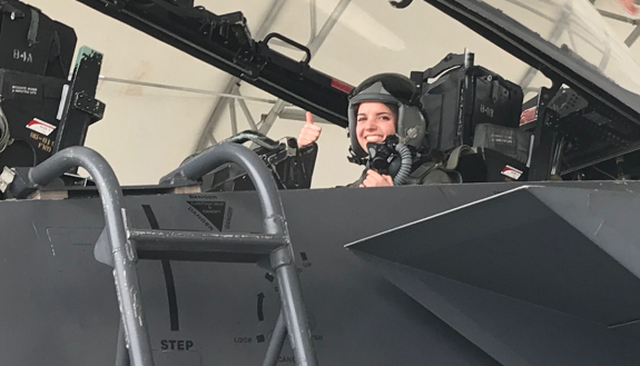 Joy Duer in a jet at Seymour Johnson air base.