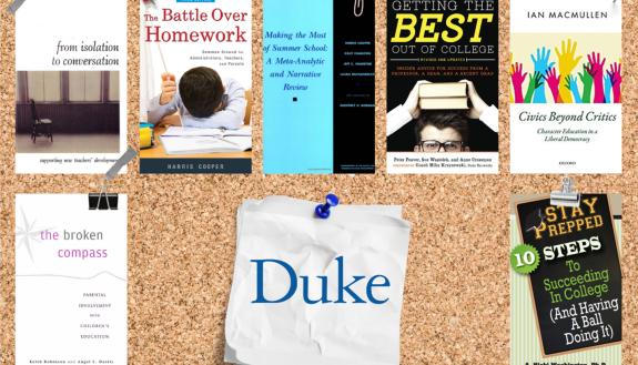 Seven covers of education books authored by Duke faculty. 