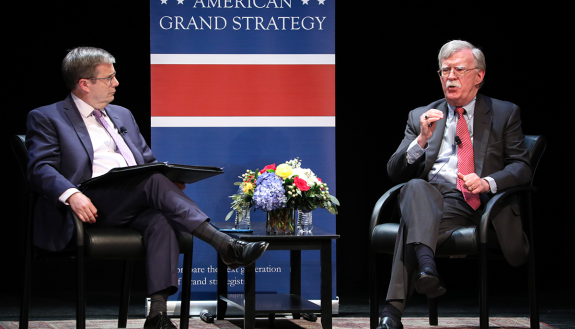 John Bolton, right, and Professor Peter Feaver share a conversation on American foreign policy. Photo by Colin Huth