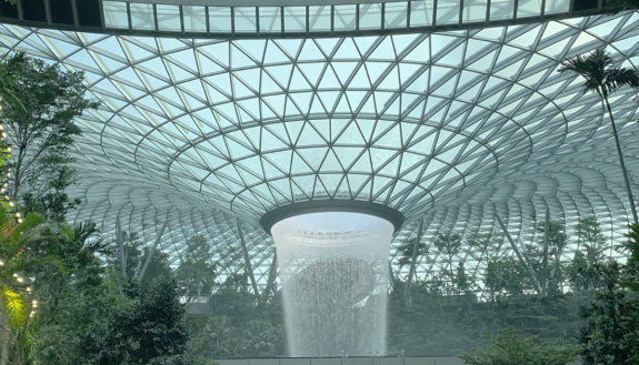 The water feature at the Jewel Changi Airport, a popular photography destination