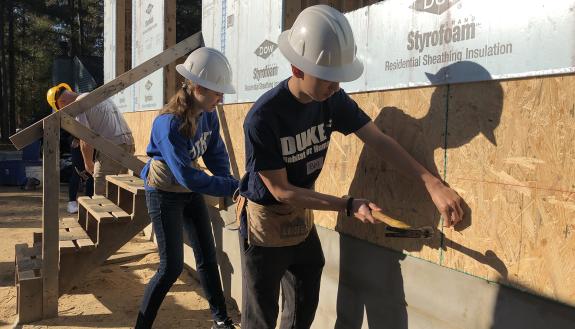 Construction of a Duke-sponsored Habitat for Humanity house, one of the local groups the receives support from the Duke Doing Good campaign.