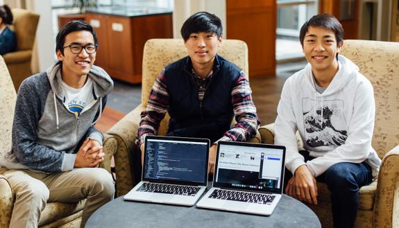 The Duke students behind Kindling, one of the winning HackDuke projects: Kevin He, Danny Oh and Alex Dao. Photo by Katie Jansen