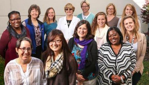 Back row: Charita McCollers, Donna Biederman, Julia Gamble, Bettina Karpathian, Memory Dossenbach, Christine Moody, Micayla Morris. Middle row: Emily Carr (white scarf), Candice Chilton (Duke ID lanyard). Front rows: Sally Wilson, Emily Lybrand, Katherine