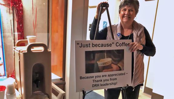 Duke Regional Hospital's Margie Muir recently welcomed colleagues to work with free hot coffee. Photo courtesy of Duke Regional Hospital.