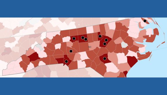 Map of North Carolina with notation for counties with HBCUs