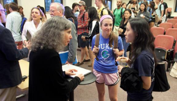 Priscilla Wald talks with students following her lecture to the university class.  Photo by Les Todd/Duke University Photography