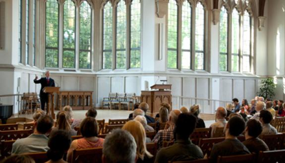 President Richard H. Brodhead introduces a Seamus Heaney poem during the reading Tuesday.  Photo by Jared Lazarus