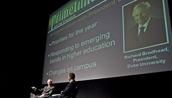President Richard H. Brodhead discusses the Duke Forward fundraising campaign and other issues during Primetime. Photo by Megan Morr