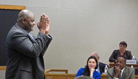 Joe Manhertz, executive director for Athletics Development office, reminds his Duke Leadership Academy classmates to look at the big picture during his graduation remarks. Photo by Marsha A. Green.
