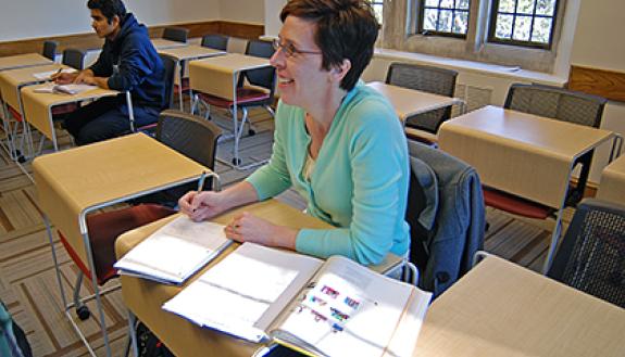 Mary Samouelian is auditing a beginning German class at Duke to prepare her for archiving materials in German. Photo by Marsha A. Green.