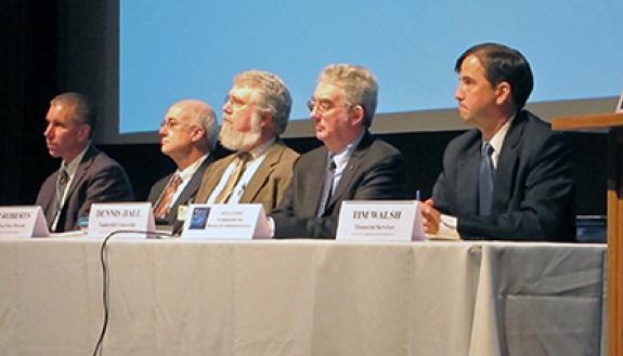 The third annual symposium for research administrators at Duke included presentations from senior leaders at Duke and other universities. From left are Kyle Cavanaugh, vice president for Duke administration; Scott Gibson, executive vice dean for administ