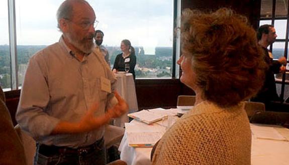 Neurobiologist Pate Skene and botanist Kathleen Pryer talk science at a SciComm session last year. Photo by Abigail Olena