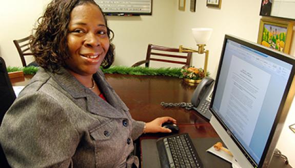 Veronica Whitley has advanced in her career at Duke from lead food services worker to office staff assistant. Photo by Marsha Green.