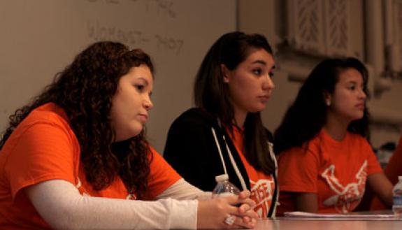 Students from Athens Drive High School in Wake County discuss bullying at school with Duke education students. Photo by Stephanie Matthieson.