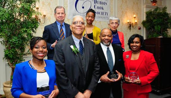 Samuel DuBois Cook is pictured (center) with award winners Alexandra Swain, William Griffith, Allison Curseen, Rev. William C. Turner, Dr. Evelyn Schmidt and Chandra Guinn. 