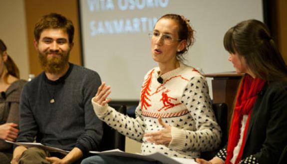 Julio Cesar Bedoya, left, and Viviana (VITA) Osorio Sanmartín, center, were among the Colombian artists who spoke Wednesday evening at the Duke Colloquium panel discussion. Bailey Sincox, right, and two other undergraduates joined Dean Steve Nowicki in 