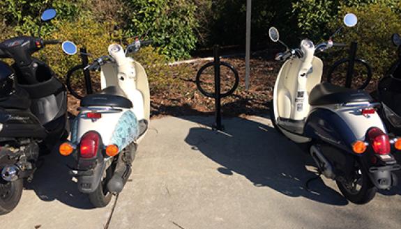An example of the new moped "hitches" to be installed on West Campus this summer. These hitches are installed at the Fuqua School of Business. Photo courtesy of Alison Carpenter.