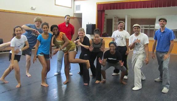 T.J. Desch-Obi leading Dance Program students in a master class on Capoeira Angola at Duke on Sept. 25.