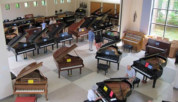 Pianos fill the Freeman Center for Jewish Life during a past Duke piano sale.