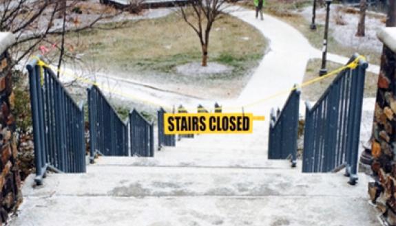 A stairway is roped off to Duke community members for their safety. During severe weather, faculty and staff are asked to only use walkways cleared at a high priority. Photo courtesy of Facilities Management.