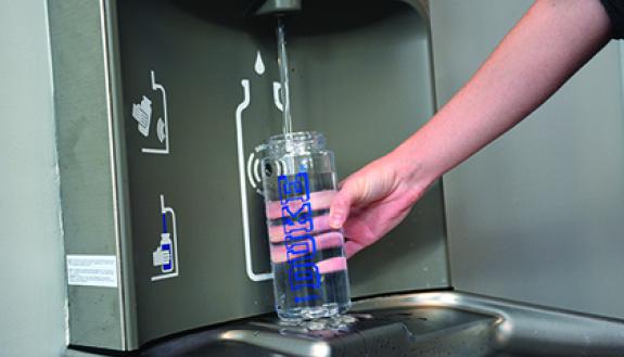 With the help of water refilling stations like this one, Duke community members last year saved about 400,000 plastic bottles. Photo by Bryan Roth.