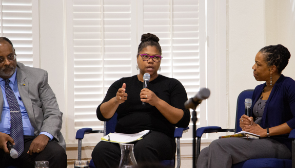 Adriane Lentz-Smith talks about the contradictions of race as social creation. Joseph Graves and Charmaine Royal were among the other panelists. Photo by Youqi Tang