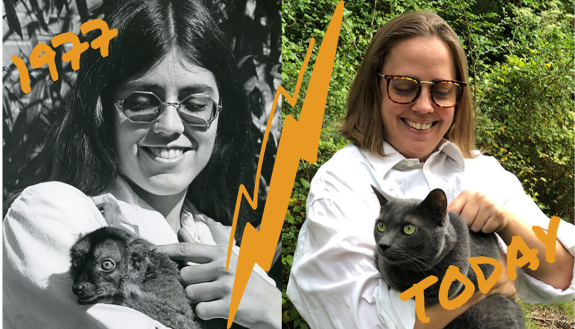 At left: a ca. 1977 photo of caretaker Suzanne Lassiter holding a lemur at the Duke Primate Center, ca. 1977. At right: University Archivist Val Gillispie recreates the same photo with her cat, Barbecue Sauce.