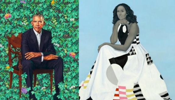 Barack Obama by Kehinde Wiley; Michelle Obama by Amy Sherald 