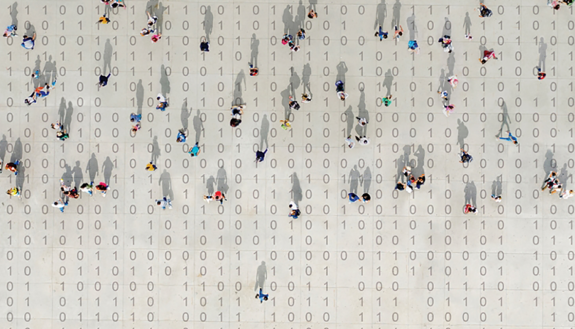 graphic image of people walking on a background. of 1s and 0s