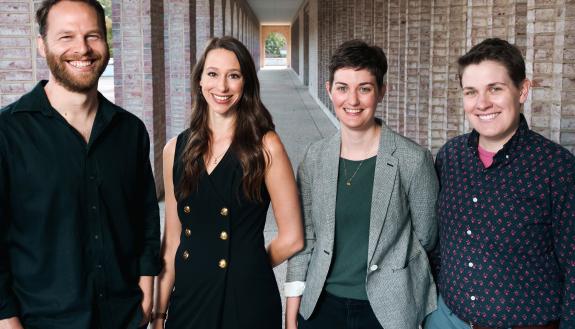 Thompson Writing Program’s four new faculty members — from left, David Landes, Hannah Davis, Rhiannon Scharnhorst and Charlotte Asmuth — use writing studies to build relationships and explore language. (John West/Trinity Communications)