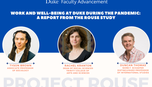Graphic showing the three speakers on Project ROUSE. Tyson Brown, Rachel Kranton and Duncan Thomas