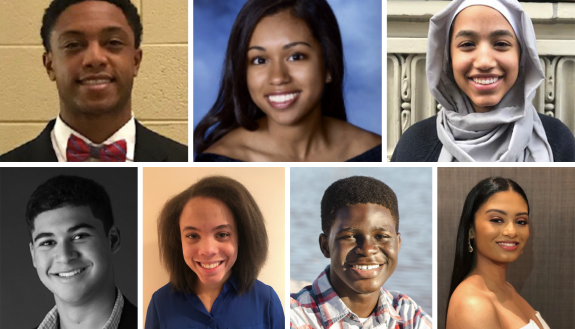 The Class of 2023 Reginaldo Howard Scholars, clockwise from top left: Eric Huey; Sydney Hunt; Leena Mohamedali; David Radvany-Roth; Hannah Shuffer; Kevin Wiafe; and Nia Williams.