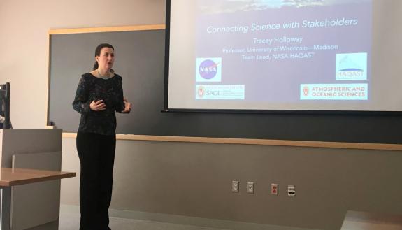 Professor Tracey Holloway, air quality researcher at University of Wisconsin-Madison, presented her research at Duke