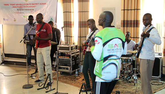 Ugandan musician Odong Christopher (in red) plays with one of the bands that Duke Ph.D. candidate Matthew Sebastian has been playing with. Teaching music classes and playing with local musicians have allowed Sebastian to form deeper connections with the p