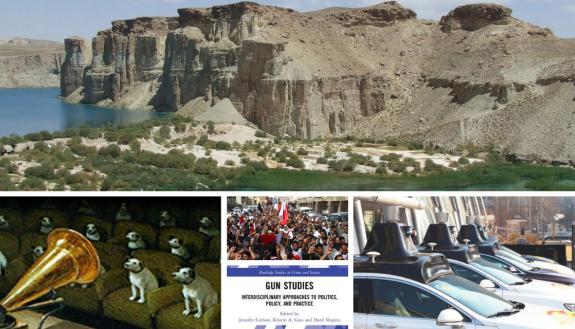 Top: Band-e-Amir National Park in Afghanistan. Bottom, from left: Kata Gellen’s "Kafka and Noise;" Arab Spring protests in Bahrain; "Gun Studies," co-edited by Kristen Goss; and a test of artificial intelligence in driverless cars in China.